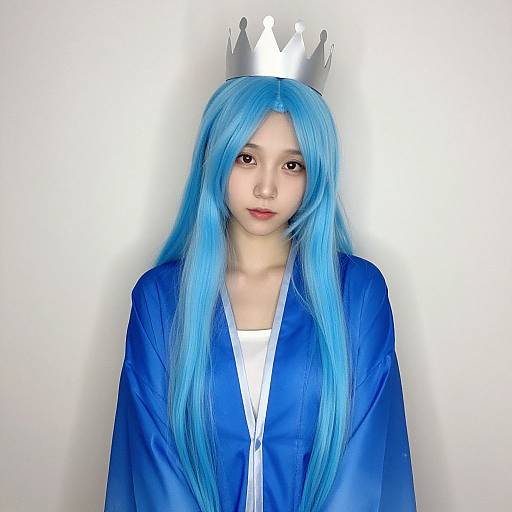 Photograph of an Asian woman with long, vibrant blue hair, wearing a silver crown, blue satin robe, and white shirt, against a plain white