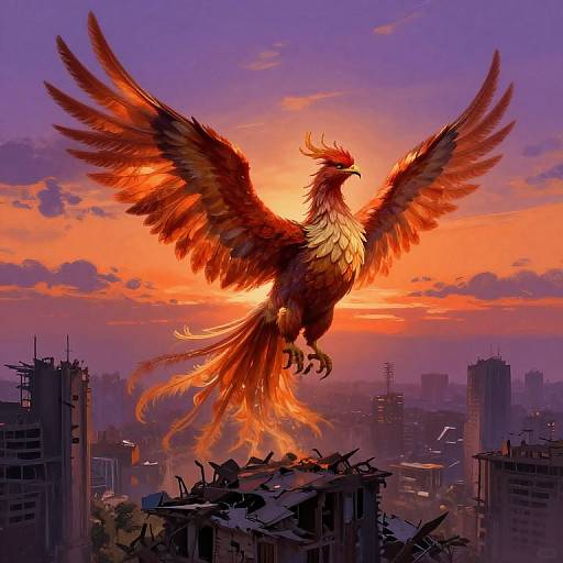 Phoenix Rising Over Post-Apocalyptic Metropolis