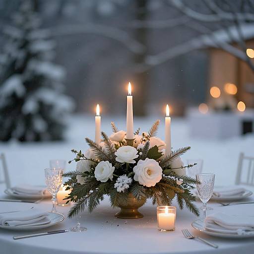 Photograph of a snowy outdoor dinner table with a white floral centerpiece, five lit candles, glassware, and white plates.