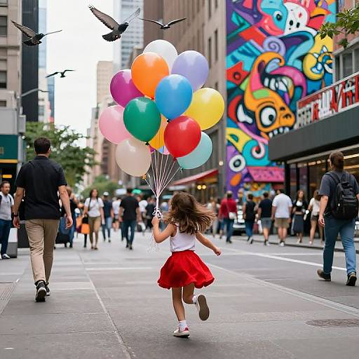 Young Girl Running in Colorful City