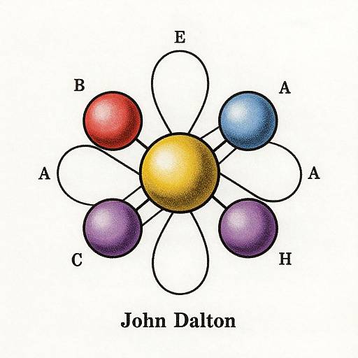 Digital illustration of John Dalton's atomic model: central yellow sphere with six colored orbiting dots (red, blue, purple) labeled A-E. Text