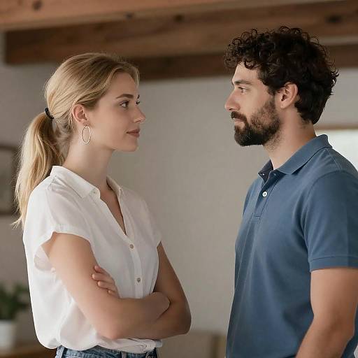 Photograph of a blonde woman in a white blouse and hoop earrings, standing with arms crossed, facing a bearded man in a blue polo shirt,
