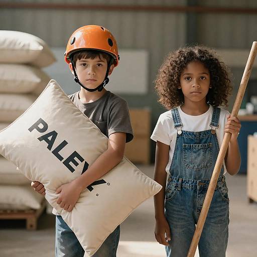 Serious Children in Industrial Setting with Safety Gear and Equipment