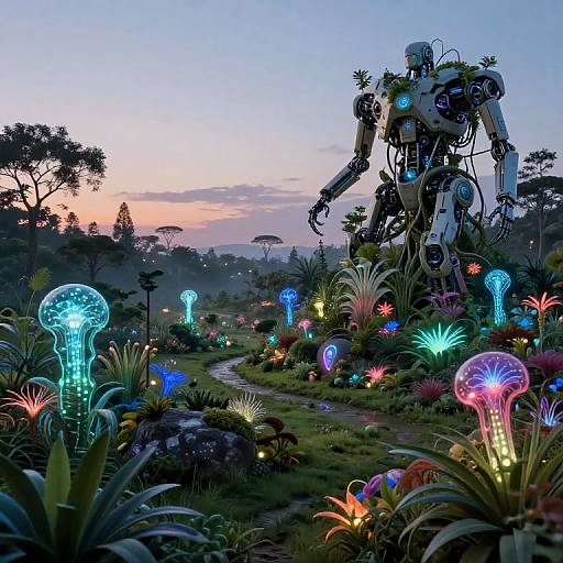 Digital artwork of a futuristic, glowing forest at dusk, featuring a towering robot among bioluminescent plants and mushrooms, with a colorful, neon-l