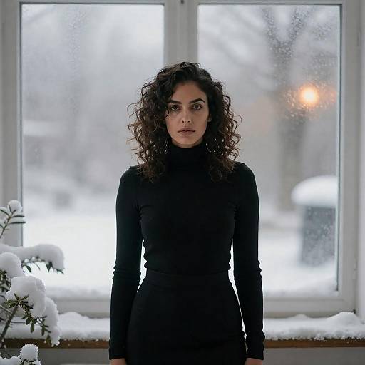 Woman in Black Turtleneck Dress by Frosted Window