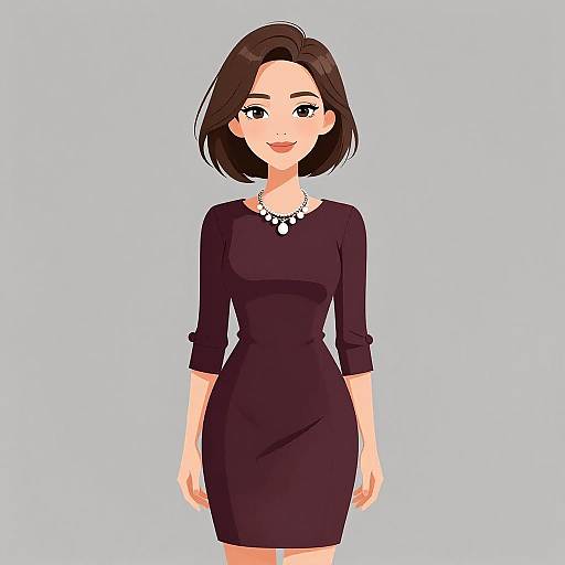 Digital anime-style drawing of a smiling woman with short brown hair, wearing a form-fitting black dress and pearl necklace, against a light blue background.