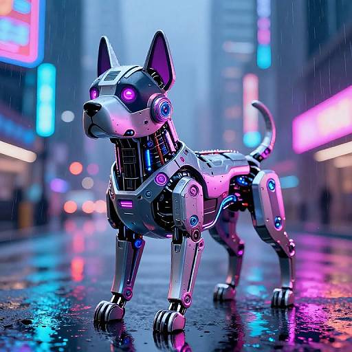Cybernetic dog with glowing purple eyes stands on a rainy neon-lit city street, reflecting colorful lights on wet pavement. Photorealistic CGI