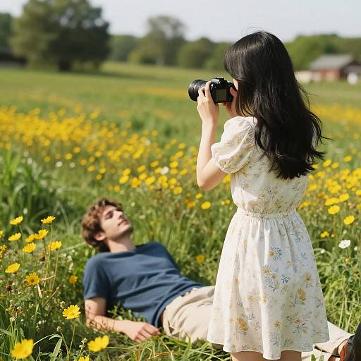 Photograph of a woman with long black hair in a floral dress, holding a camera, standing over a man in a navy shirt, lying in a