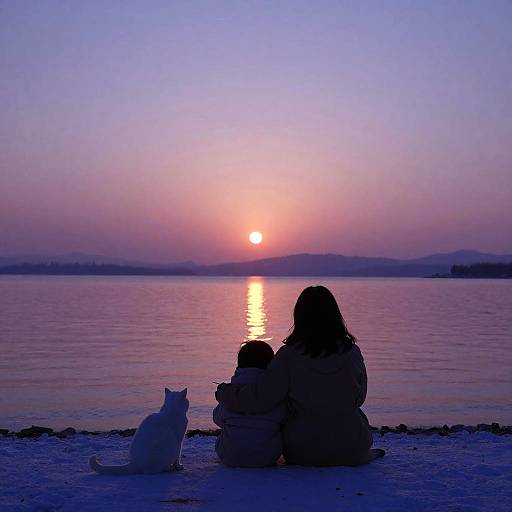 Romantic Sunset at Snowy Lakeshore