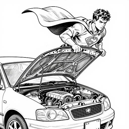 Black-and-white digital drawing of a muscular Superman with short hair, cape flowing, leaning over an open car hood, ready to fix it. Car has