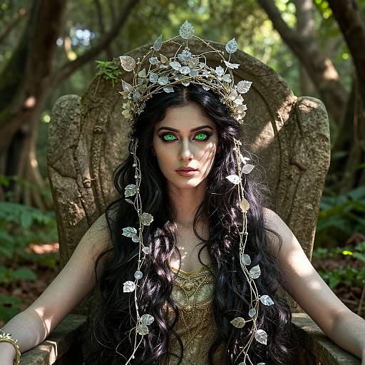 Photograph of a pale-skinned woman with long black hair, green eyes, wearing a leafy crown and gold dress, seated on a rustic stone