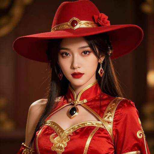 Elegant Female in Red and Gold Outfit