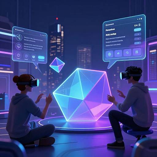 Digital artwork of two people in VR headsets, interacting with glowing blue geometric shapes and holographic menus in a futuristic cityscape.