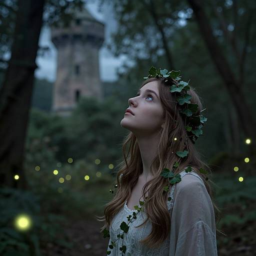 Photograph of a young woman with wavy brown hair, wearing a leafy crown and translucent dress, gazing upwards in a dark forest with glowing