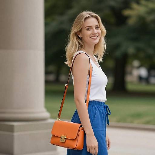 Smiling Blonde Woman by Stone Monument