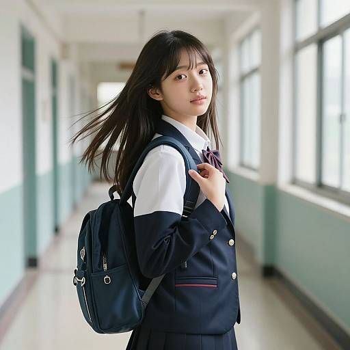 Photograph of an Asian teenage girl with long black hair, wearing a navy school uniform, white shirt, and backpack, standing in a bright, sun