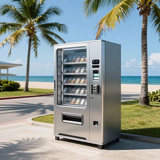 Photograph of a silver vending machine with multiple rows of drinks, situated on a sunny beachside road with palm trees and ocean view.