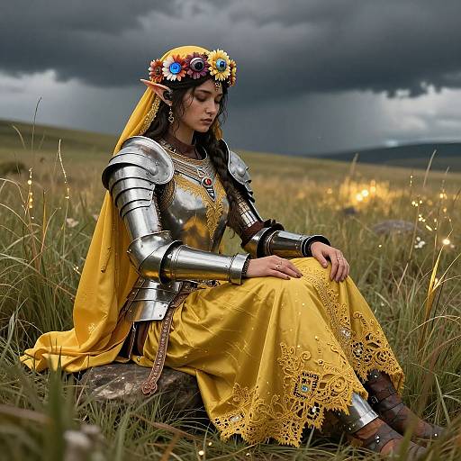 Photograph-style digital art of a fair-skinned, dark-haired elf woman in silver armor and yellow lace dress, wearing a flower crown, sitting in