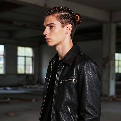 Photograph of a young, white, androgynous person with braided hair in a bun, wearing a black leather jacket, standing in a