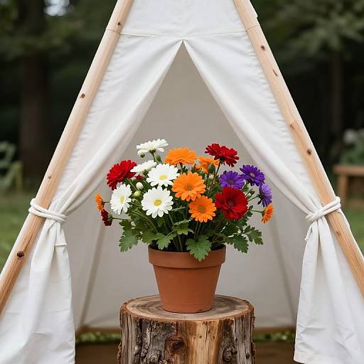 Vibrant Potted Flowers in Boho Tipi