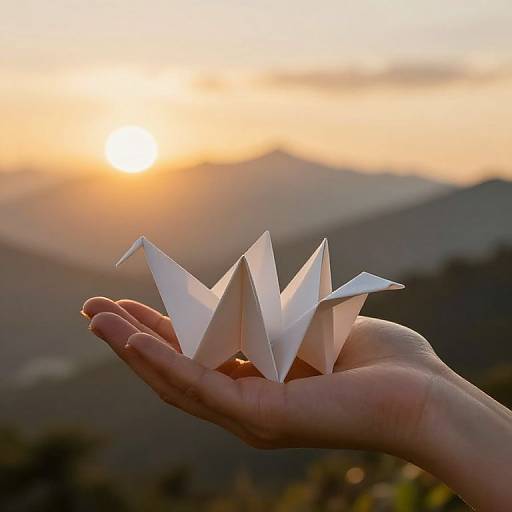 Photograph of a hand holding a white paper origami flower against a sunset backdrop with golden light and mountain silhouettes.