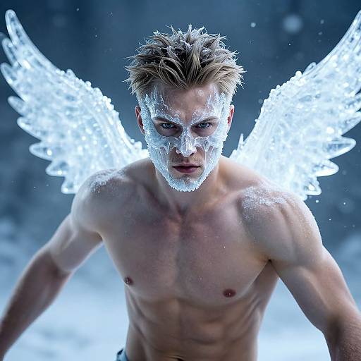 Photorealistic CGI of a muscular, shirtless man with icy blue wings, frost-covered face, intense gaze, and blonde hair, against a dark