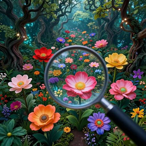 Digital artwork of a magical forest with vibrant flowers, a magnifying glass focusing on a pink flower, twisted trees, and glowing fairy lights.