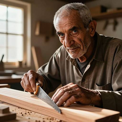 Photograph of an elderly, weathered, gray-haired man with intense eyes, wearing a brown shirt, carving wood with a hand saw in a sun