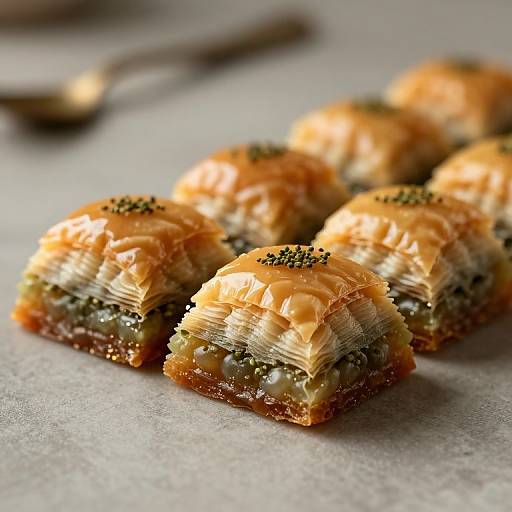 Photograph of golden-brown, layered baklava pastries with green herb garnish, on a gray surface with a blurred spoon in the background.