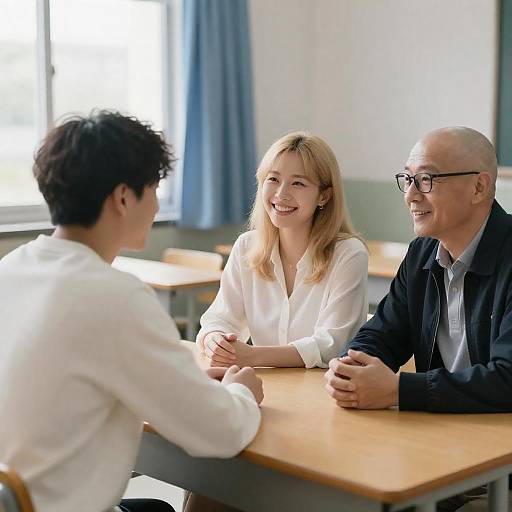 Bright Classroom Conversation Around Wooden Table