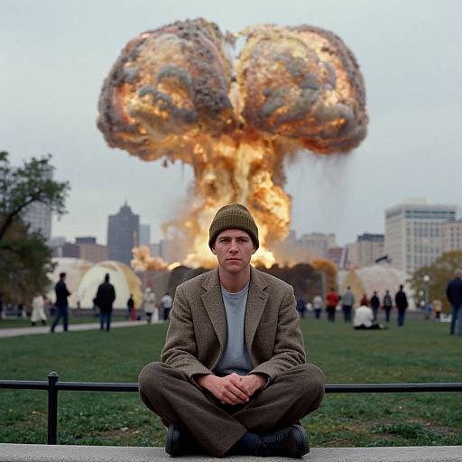 Photograph of a man in a brown beanie and blazer, sitting in front of a massive, fiery explosion in a park.