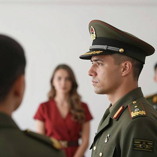 Serious Soldier and Woman in Red