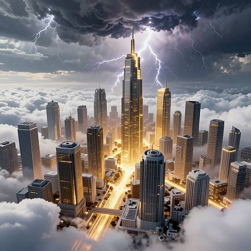 Photorealistic CGI of a towering city skyline with lightning striking the tallest building amidst dramatic, stormy clouds and illuminated streets below.