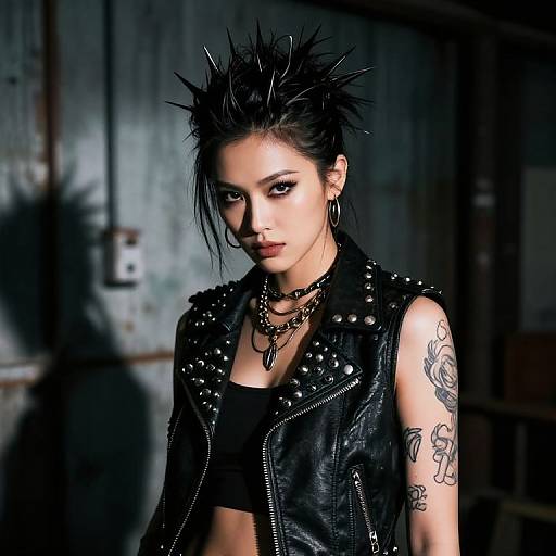 Photograph of a punk-style woman with spiked black hair, black leather vest, tattoos, multiple necklaces, and intense gaze in dimly lit,