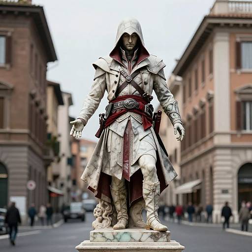 Photorealistic CGI statue of a hooded, white-robed warrior with detailed armor and red sash, standing on a street between historic buildings.