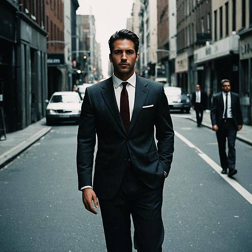 Photograph of a handsome, bearded man in a dark suit, white shirt, and maroon tie, walking confidently down a busy city street.