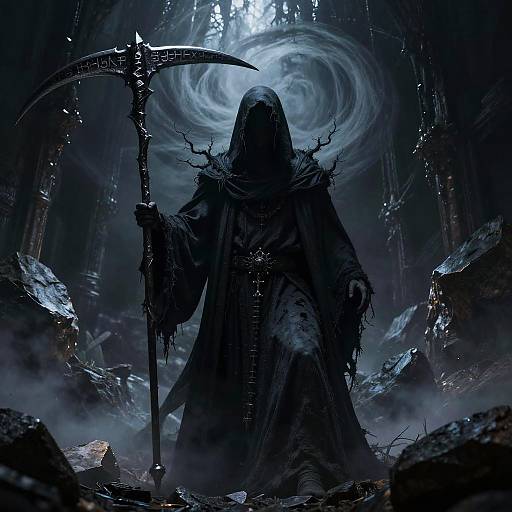 Grim, hooded reaper with twisted, black cloak and scythe stands in dark, rocky ruin, illuminated by swirling, eerie blue light.