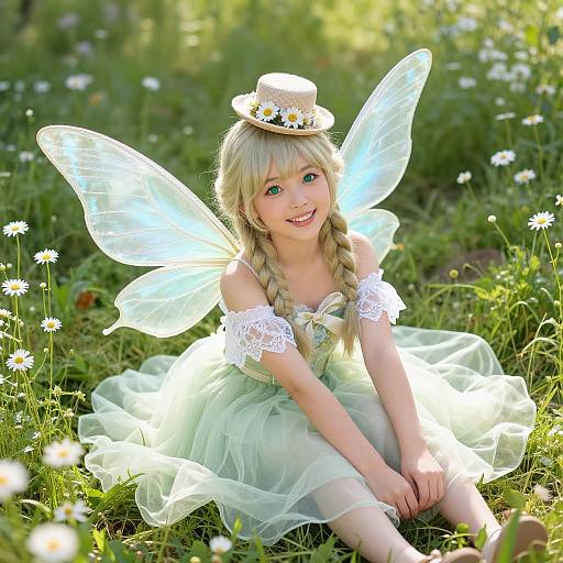 Photograph of a blonde, fair-skinned girl with green eyes, wearing a green tutu dress, white lace sleeves, fairy wings, and a