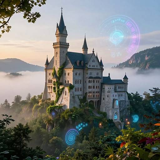 Photograph-style digital art of a mystical, medieval castle with tall spires, surrounded by misty forest, glowing blue runes, and magical orbs.