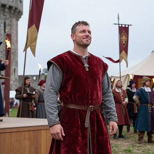 Photograph of a muscular, bearded man in medieval attire, wearing a red velvet tunic and gray long sleeves, standing outdoors at a historical re