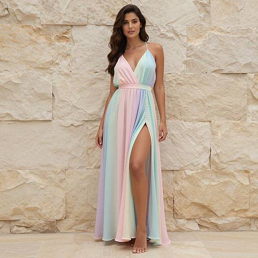 Woman in Pastel Rainbow Maxi Dress with High Slit
