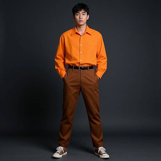 Photograph of an Asian man with short black hair, wearing an orange button-up shirt, brown pants, black belt, and black-and-white sneakers,