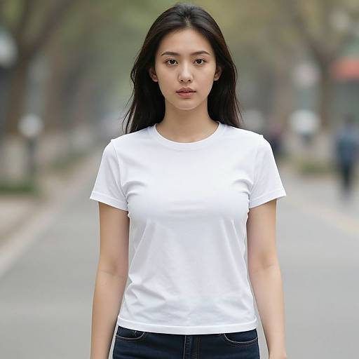 Photograph of an Asian woman with long black hair, wearing a plain white t-shirt and dark jeans, standing on a blurred, tree-lined street.