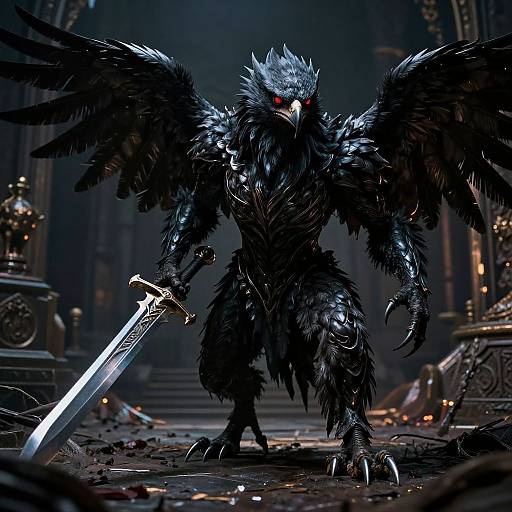 Digital artwork of a menacing, black-feathered, humanoid raven warrior with glowing red eyes, holding a large, gleaming sword in a dark