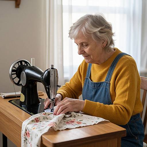 Elderly woman with short gray hair, wearing a yellow sweater and blue apron, sewing on a black vintage sewing machine. Brightly lit room