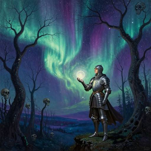 Fantasy illustration: armored knight in glowing armor stands under vibrant aurora, holding a bright orb, surrounded by dark trees and floating skulls.