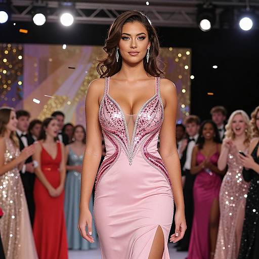 Photograph of a confident, dark-haired woman in a revealing, pink, sequined dress with a deep V-neck, walking a glamorous fashion runway with