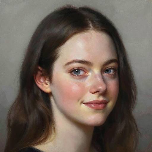 Digital portrait of a young Caucasian woman with fair skin, blue eyes, and long brown hair, smiling softly against a gray background.