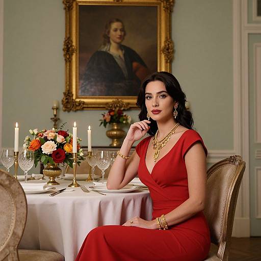 Photograph of a dark-haired woman in a red dress, gold jewelry, seated at a candlelit table, with a portrait in the background. Elegant