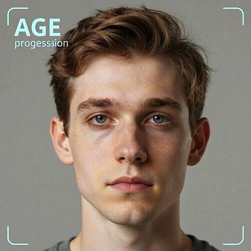 Photograph of a young, fair-skinned man with short brown hair and blue eyes, wearing a gray shirt, against a plain gray background. 